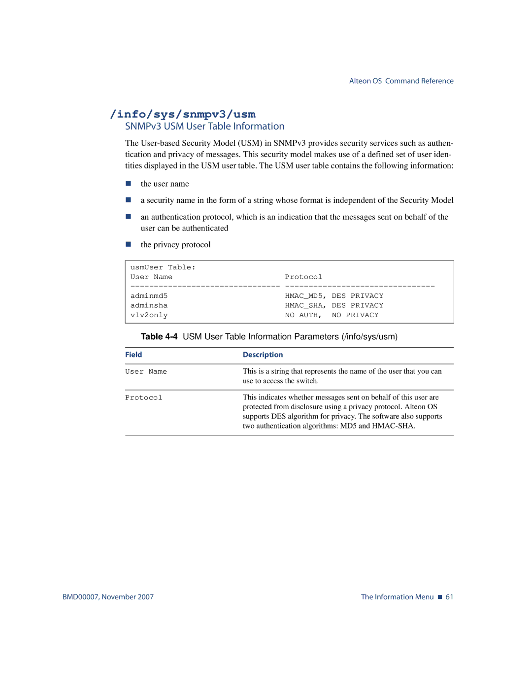 Nortel Networks BMD00007 manual Info/sys/snmpv3/usm, SNMPv3 USM User Table Information 