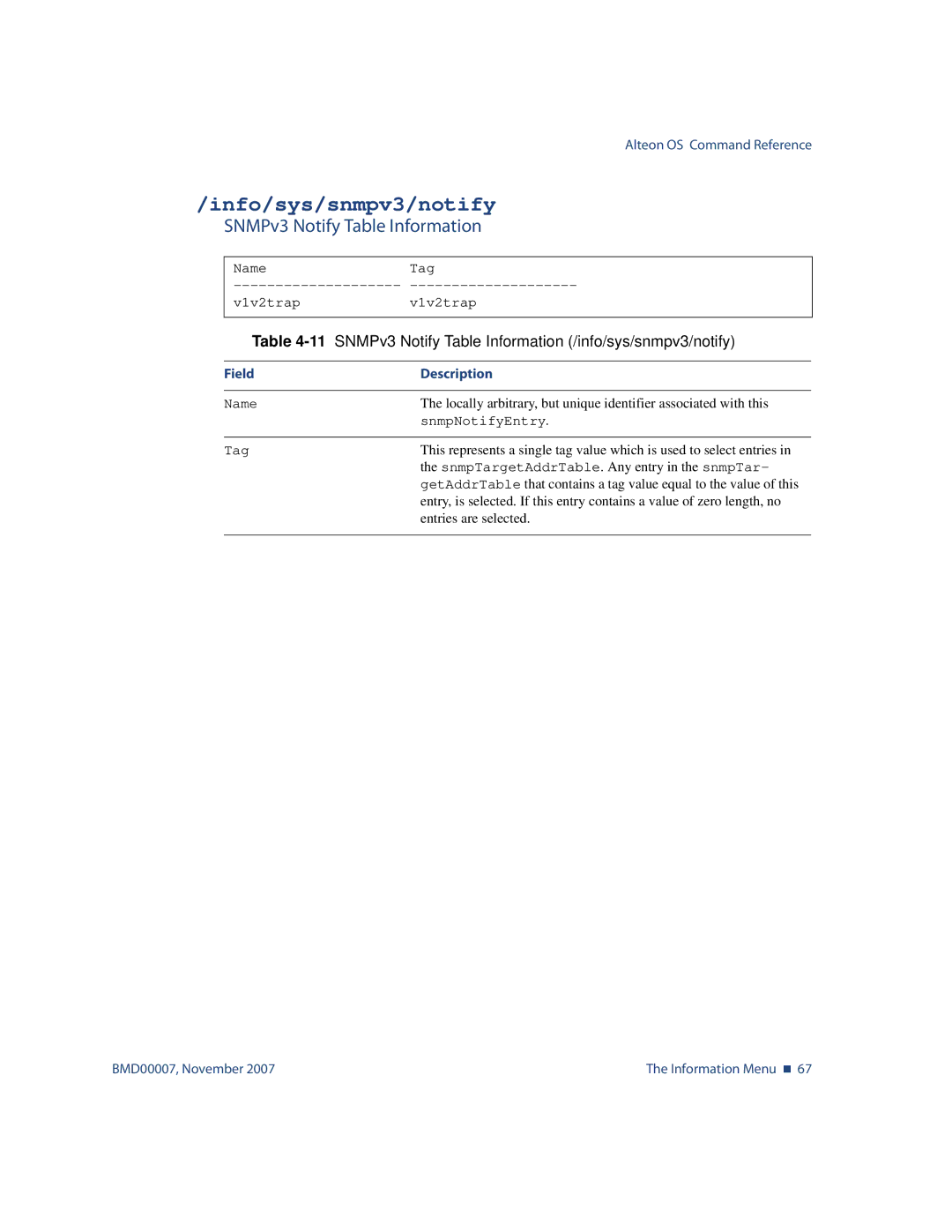 Nortel Networks BMD00007 manual Info/sys/snmpv3/notify, SNMPv3 Notify Table Information 