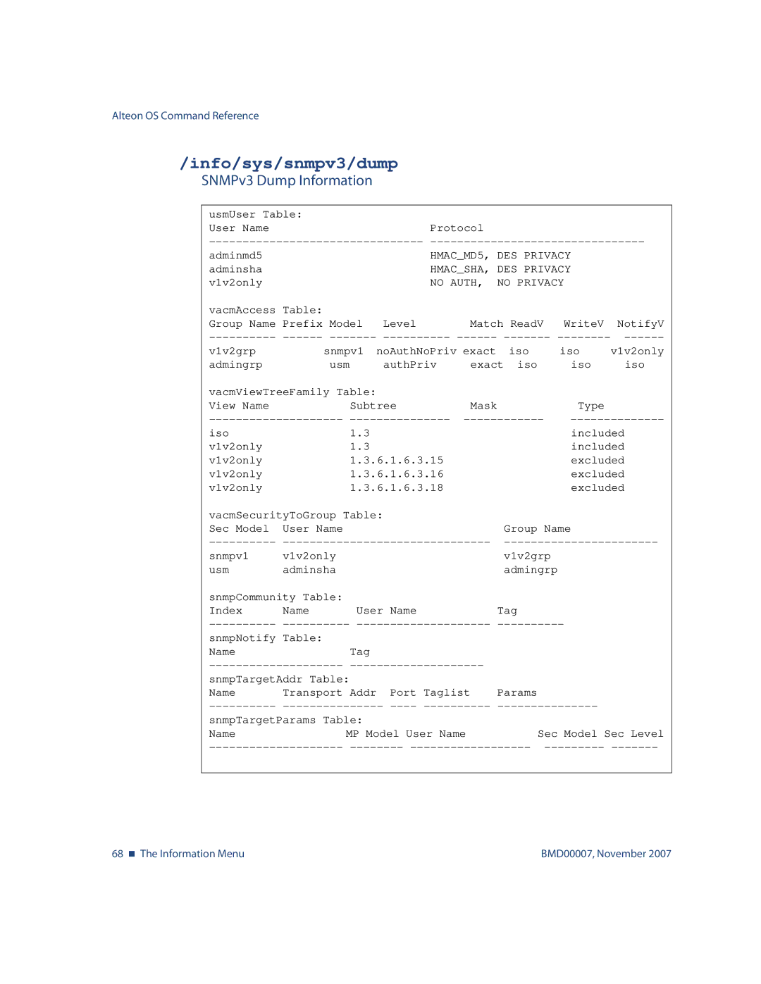 Nortel Networks BMD00007 manual Info/sys/snmpv3/dump, SNMPv3 Dump Information 