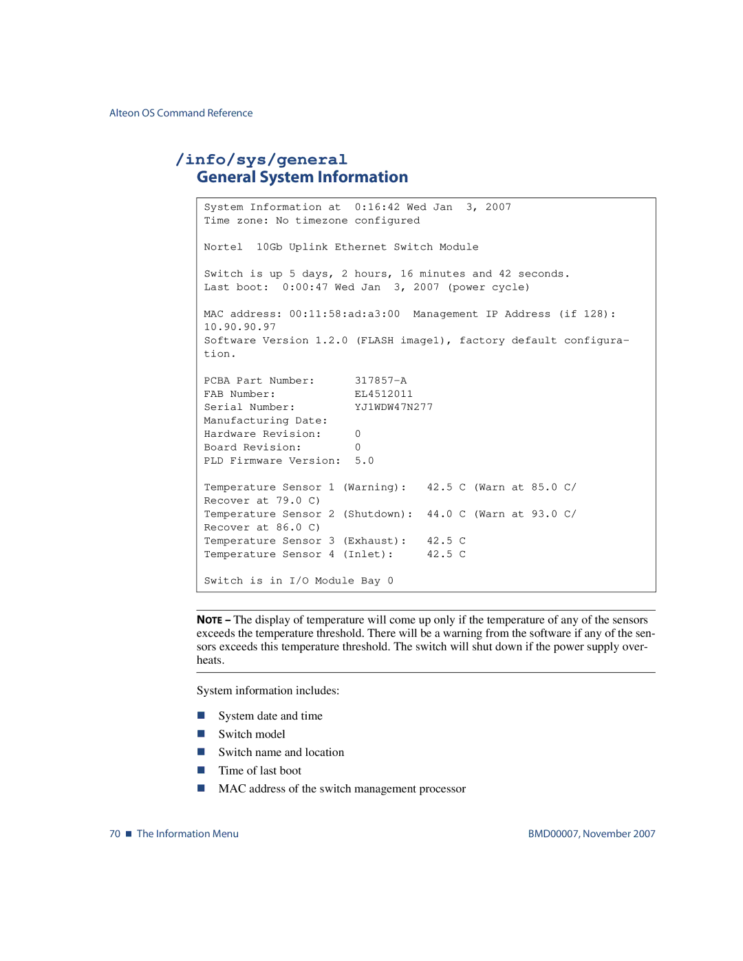 Nortel Networks BMD00007 manual Info/sys/general, General System Information 