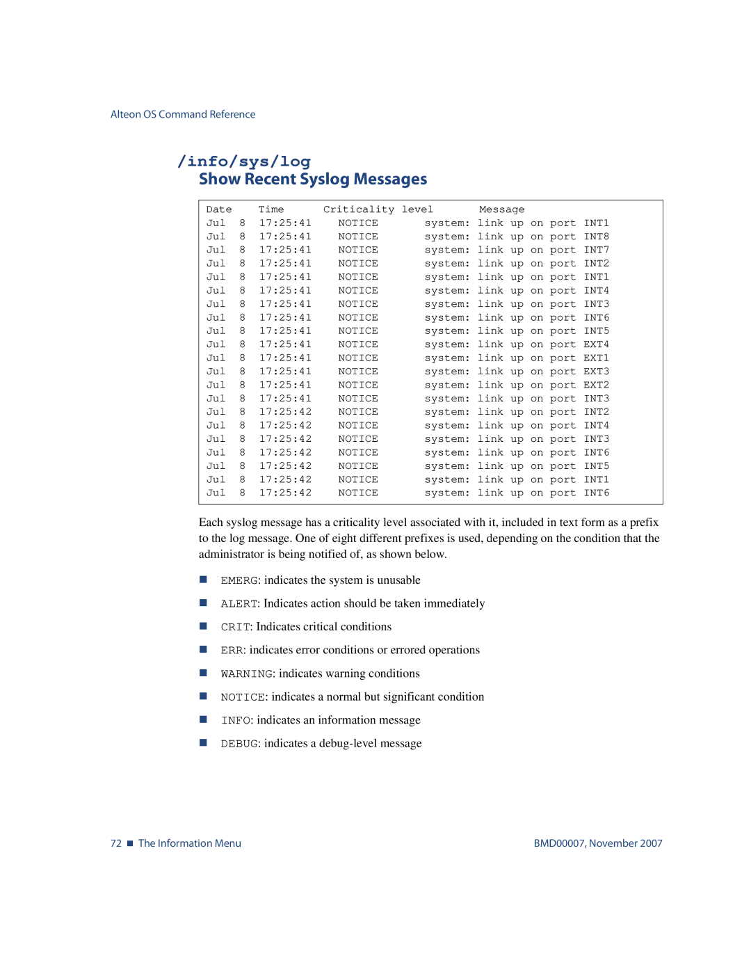 Nortel Networks BMD00007 manual Info/sys/log, Show Recent Syslog Messages 