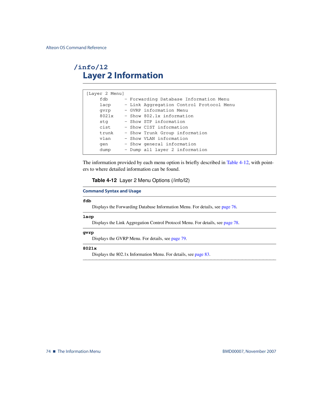 Nortel Networks BMD00007 manual Layer 2 Information, Info/l2, 12Layer 2 Menu Options /info/l2 