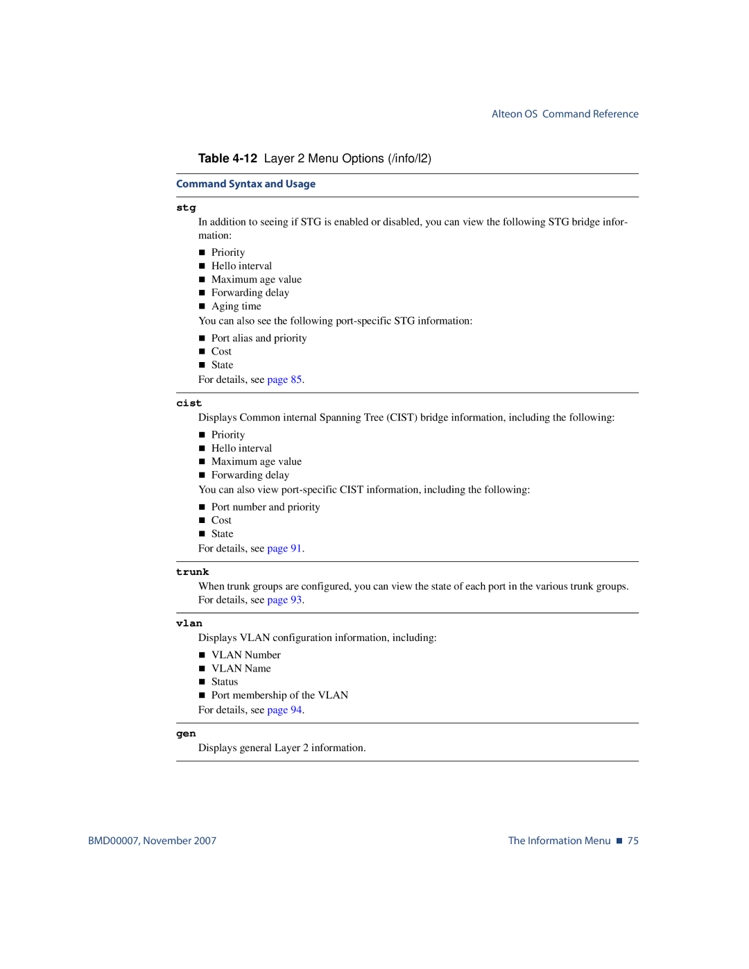 Nortel Networks BMD00007 manual Stg, Cist, Trunk, Vlan, Gen 