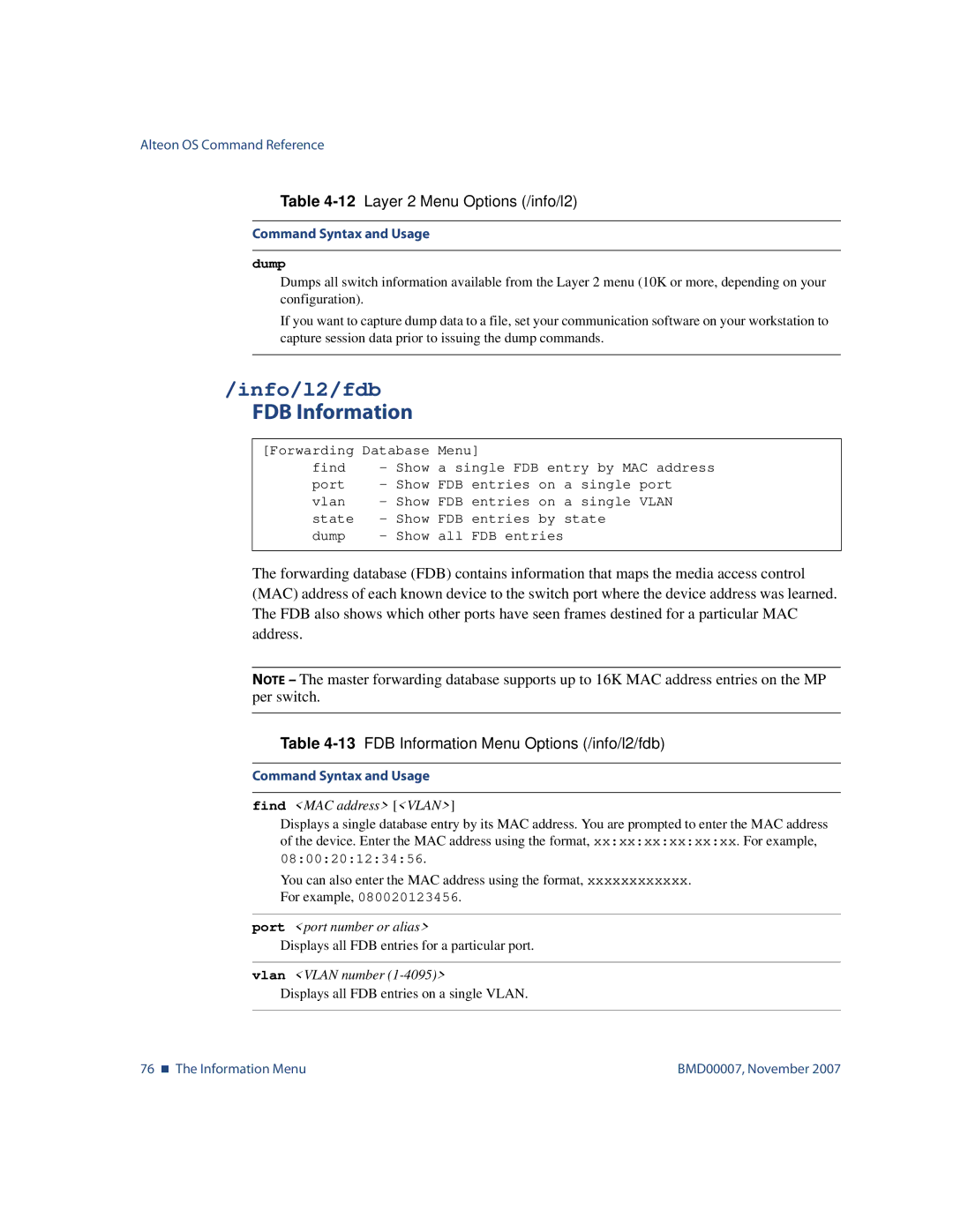 Nortel Networks BMD00007 manual Info/l2/fdb, 13FDB Information Menu Options /info/l2/fdb 