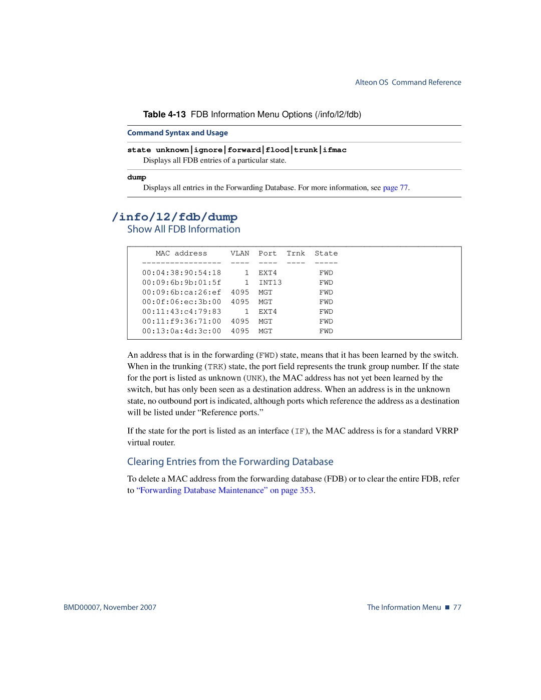 Nortel Networks BMD00007 manual Info/l2/fdb/dump, Show All FDB Information, Clearing Entries from the Forwarding Database 