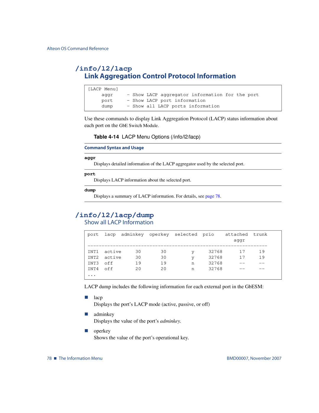 Nortel Networks BMD00007 Link Aggregation Control Protocol Information, Info/l2/lacp/dump, Show all Lacp Information 