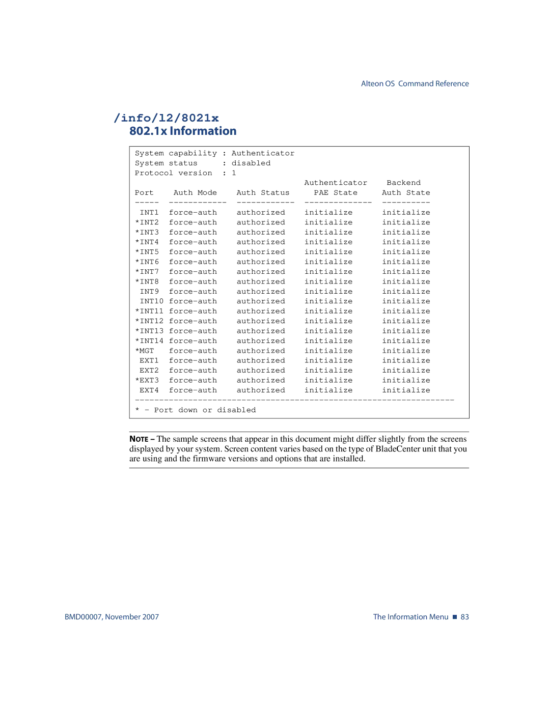 Nortel Networks BMD00007 manual Info/l2/8021x, 802.1x Information 