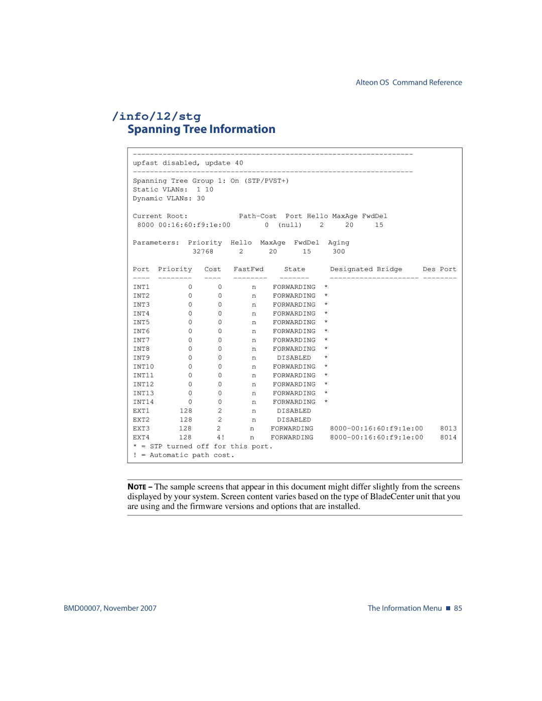 Nortel Networks BMD00007 manual Info/l2/stg, Spanning Tree Information 