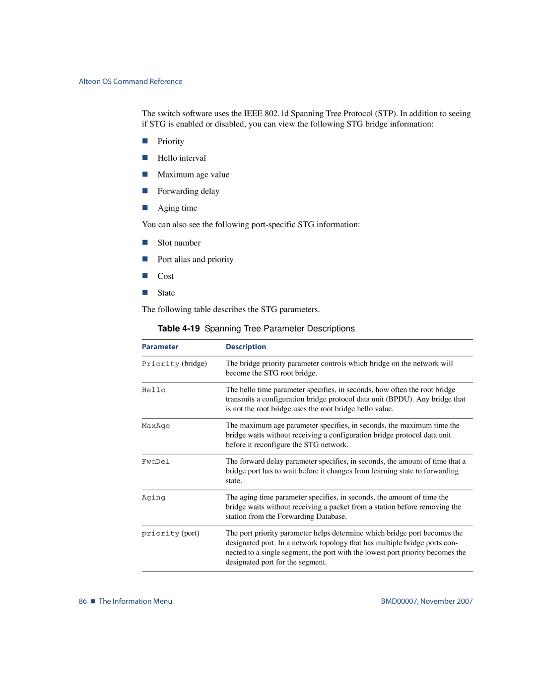 Nortel Networks BMD00007 manual 19Spanning Tree Parameter Descriptions 