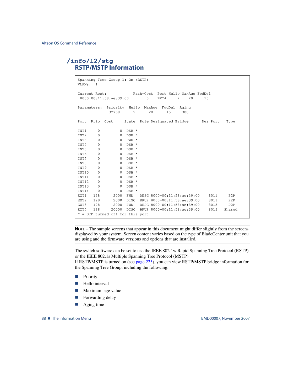 Nortel Networks BMD00007 manual Info/l2/stg, RSTP/MSTP Information 