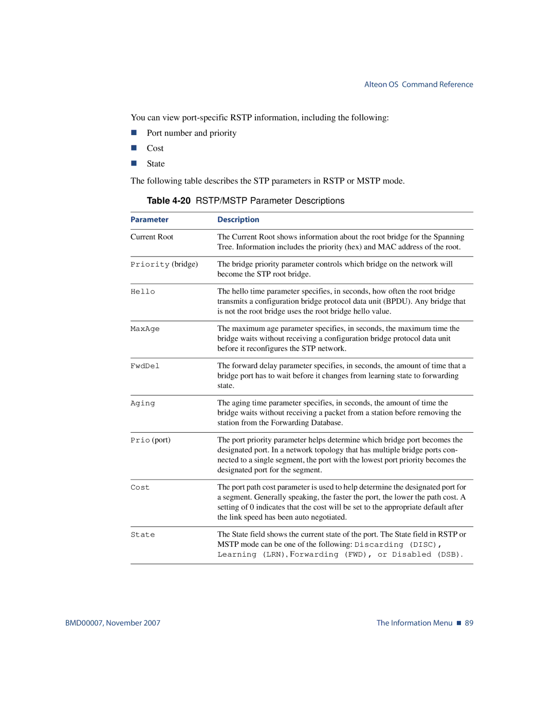 Nortel Networks BMD00007 manual 20RSTP/MSTP Parameter Descriptions, Mstp mode can be one of the following Discarding Disc 