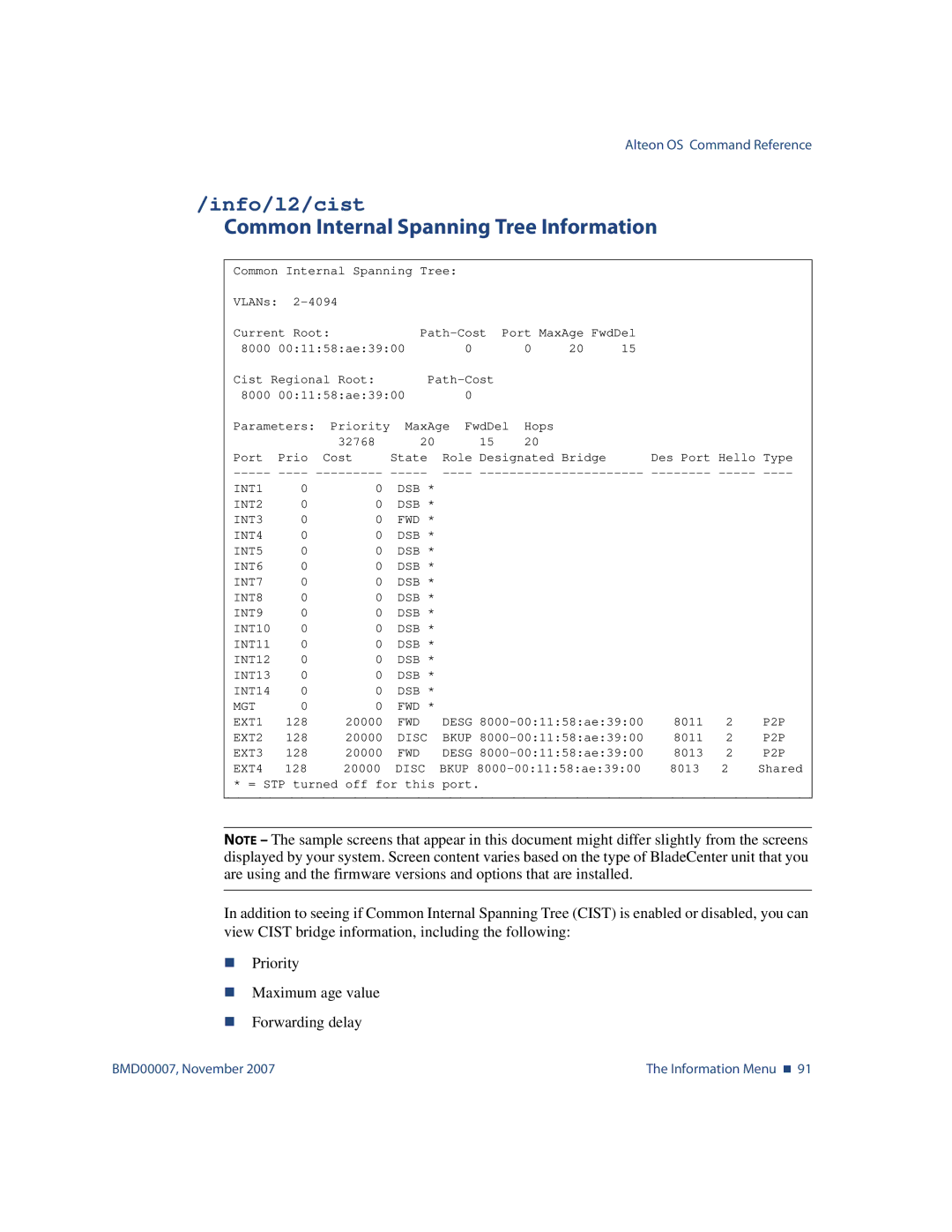 Nortel Networks BMD00007 manual Info/l2/cist, Common Internal Spanning Tree Information 