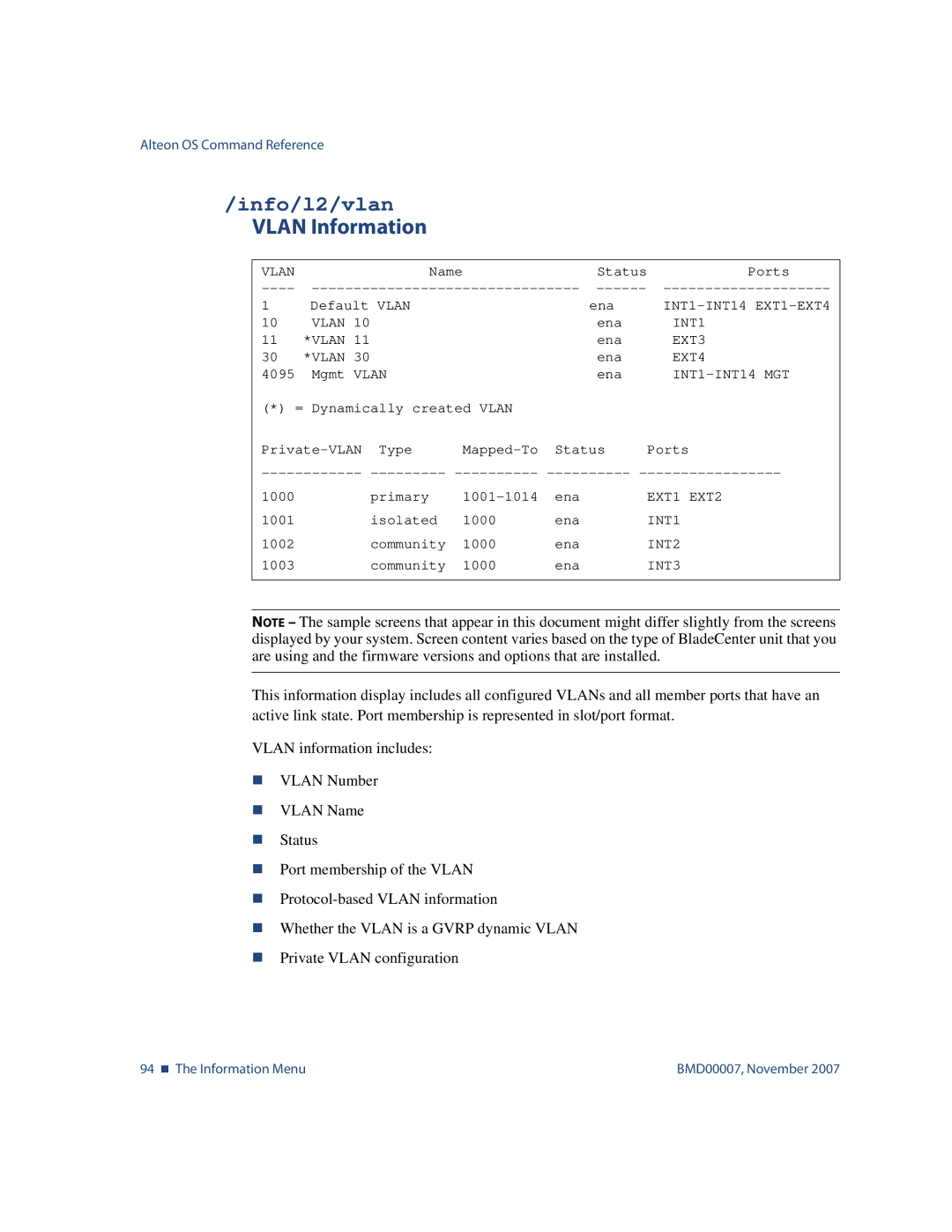 Nortel Networks BMD00007 manual Info/l2/vlan, Vlan Information 