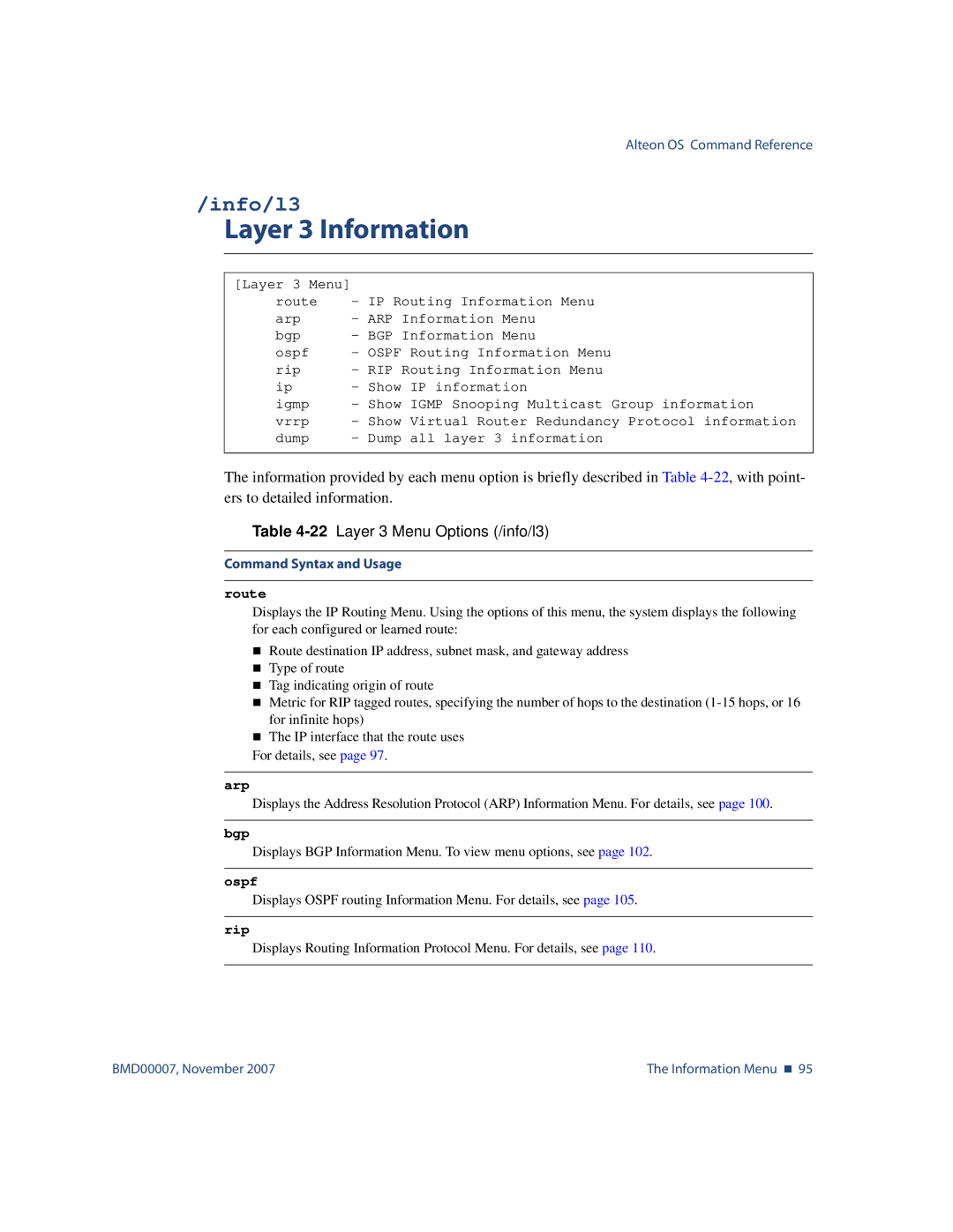 Nortel Networks BMD00007 manual Layer 3 Information, Info/l3, 22Layer 3 Menu Options /info/l3 