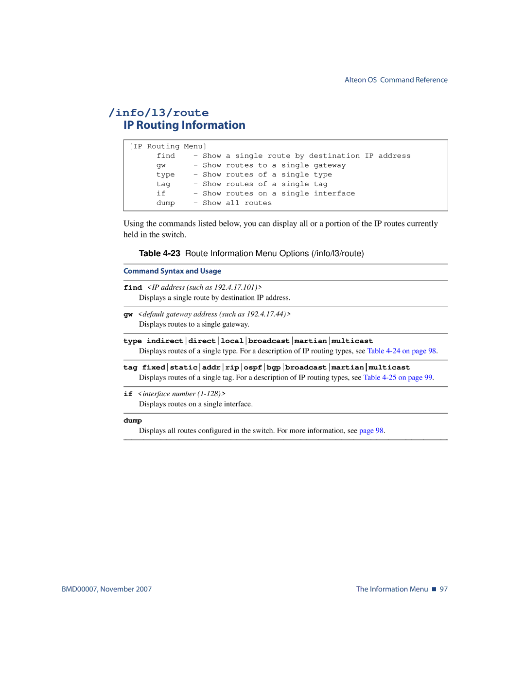 Nortel Networks BMD00007 manual Info/l3/route, IP Routing Information, 23Route Information Menu Options /info/l3/route 