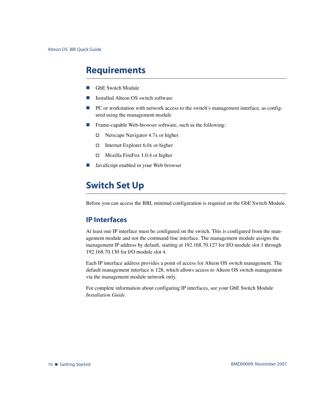 Nortel Networks BMD00009 manual Requirements, Switch Set Up, IP Interfaces 