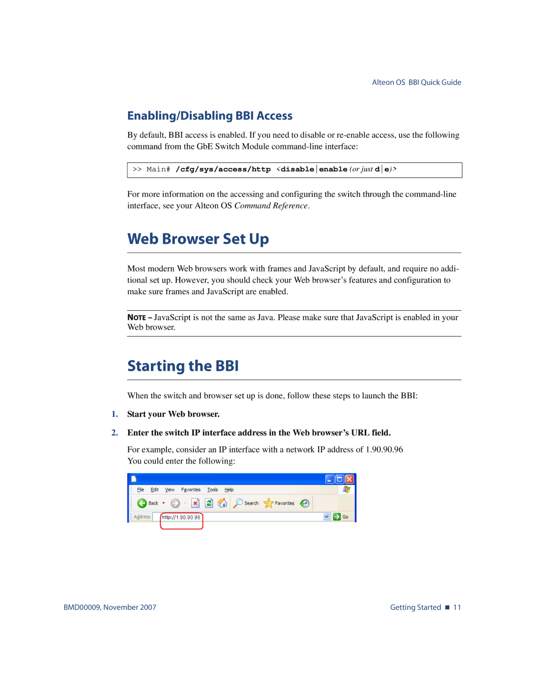 Nortel Networks BMD00009 manual Web Browser Set Up, Starting the BBI, Enabling/Disabling BBI Access 