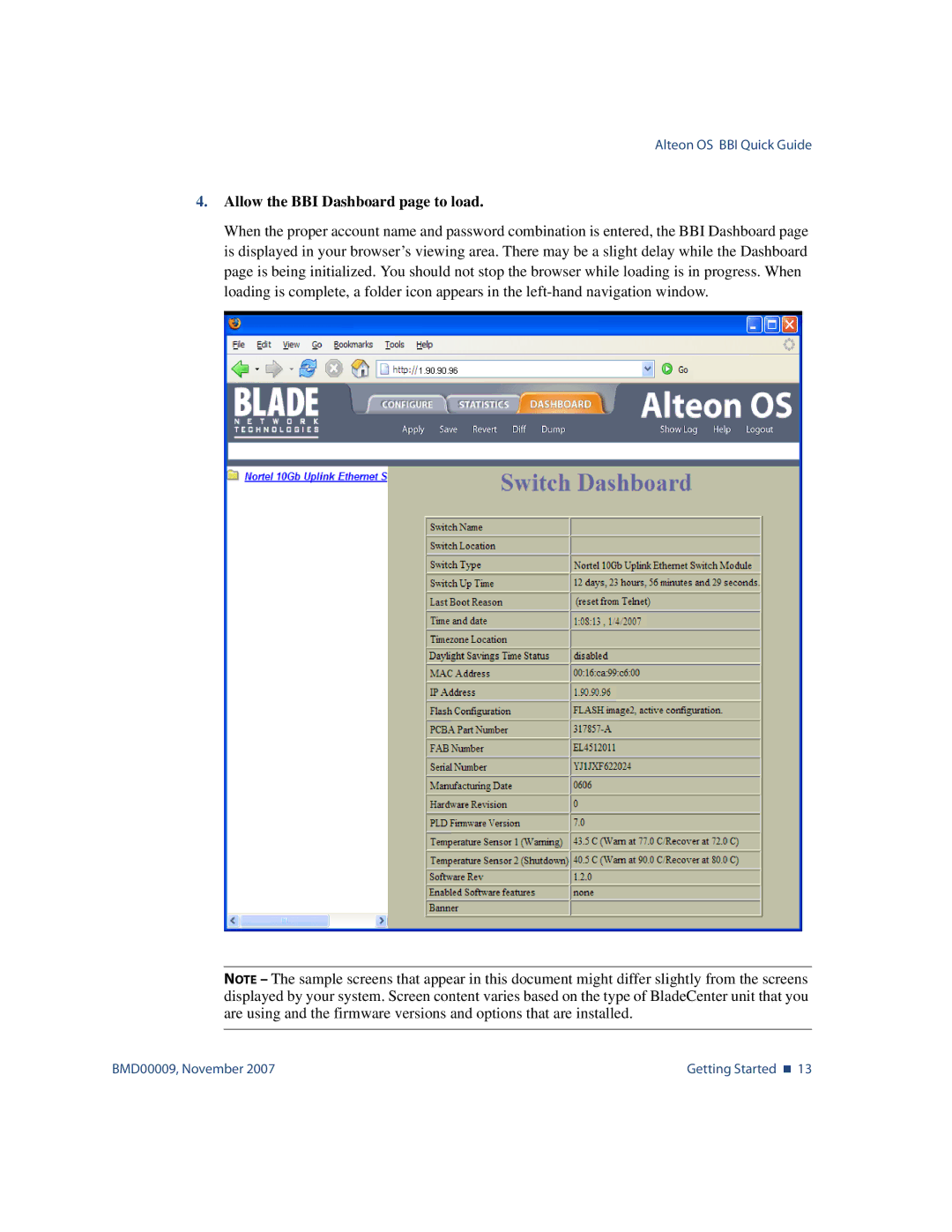 Nortel Networks BMD00009 manual Allow the BBI Dashboard page to load 