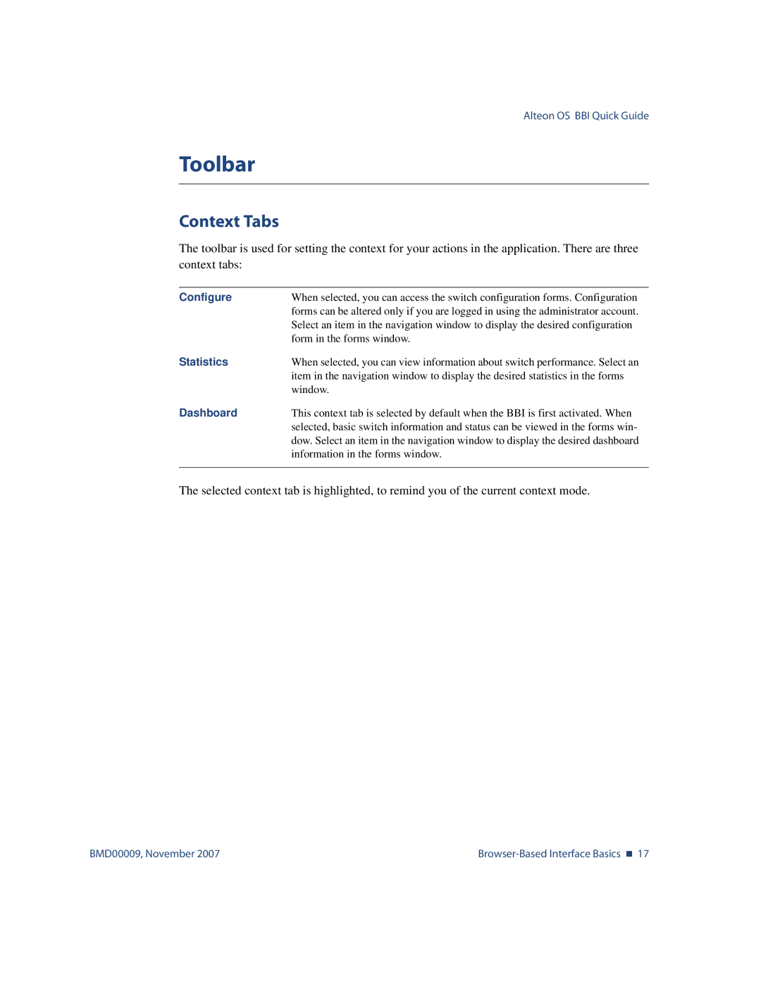 Nortel Networks BMD00009 manual Toolbar, Context Tabs 