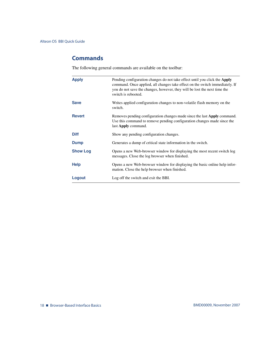 Nortel Networks BMD00009 manual Commands, Following general commands are available on the toolbar 