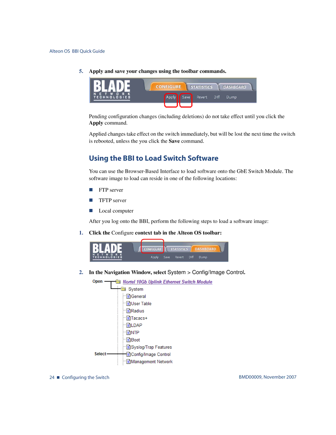 Nortel Networks BMD00009 Using the BBI to Load Switch Software, Apply and save your changes using the toolbar commands 