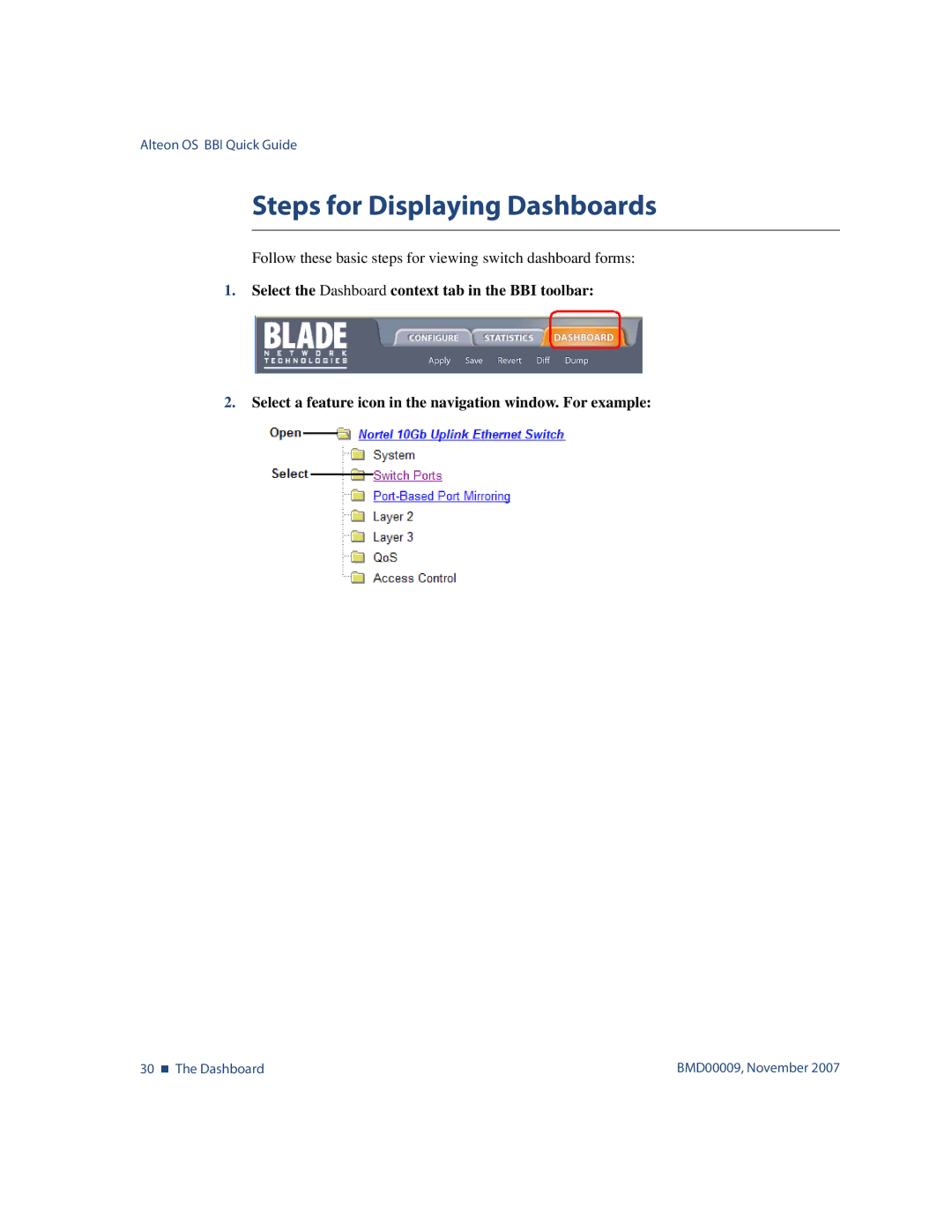 Nortel Networks BMD00009 manual Steps for Displaying Dashboards 