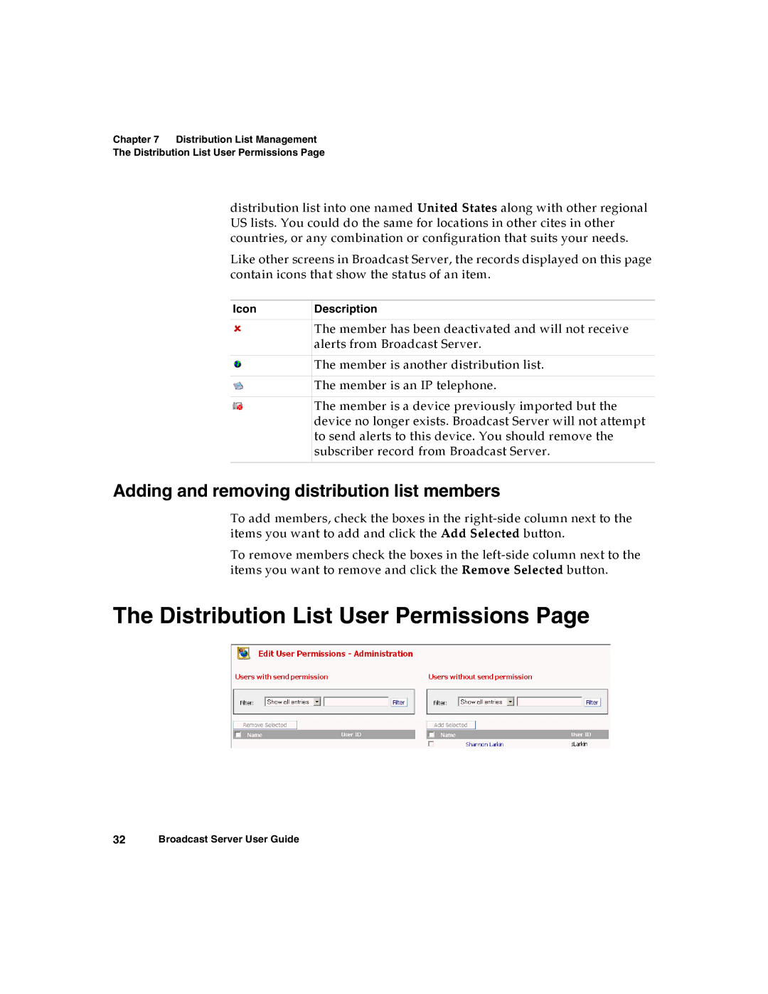 Nortel Networks Broadcast Server warranty Distribution List User Permissions, Adding and removing distribution list members 