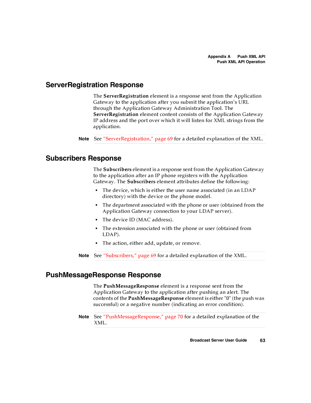 Nortel Networks Broadcast Server warranty ServerRegistration Response, Subscribers Response, PushMessageResponse Response 