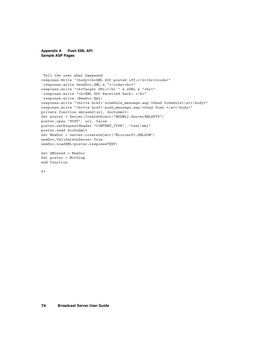 Nortel Networks Broadcast Server warranty Appendix a Push XML API Sample ASP Pages 