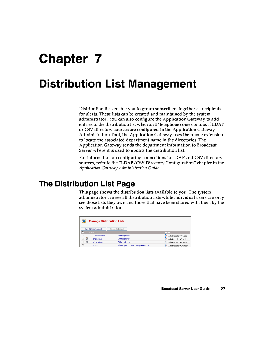 Nortel Networks Broadcast Server warranty Distribution List Management, The Distribution List Page, Chapter 