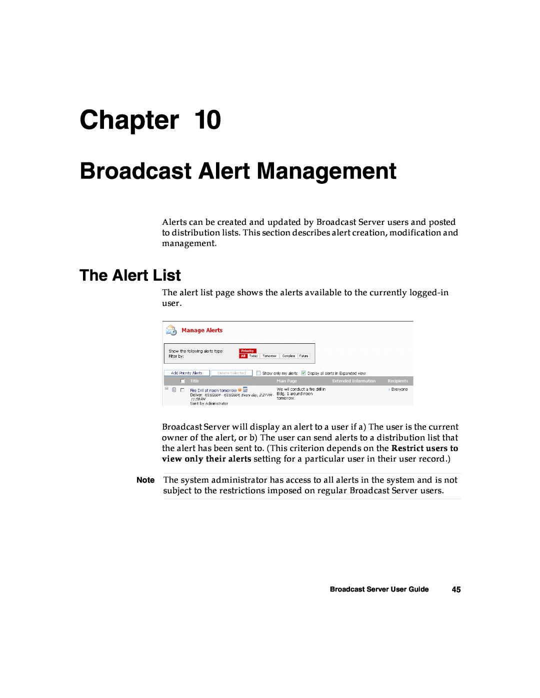 Nortel Networks Broadcast Server warranty Broadcast Alert Management, The Alert List, Chapter 