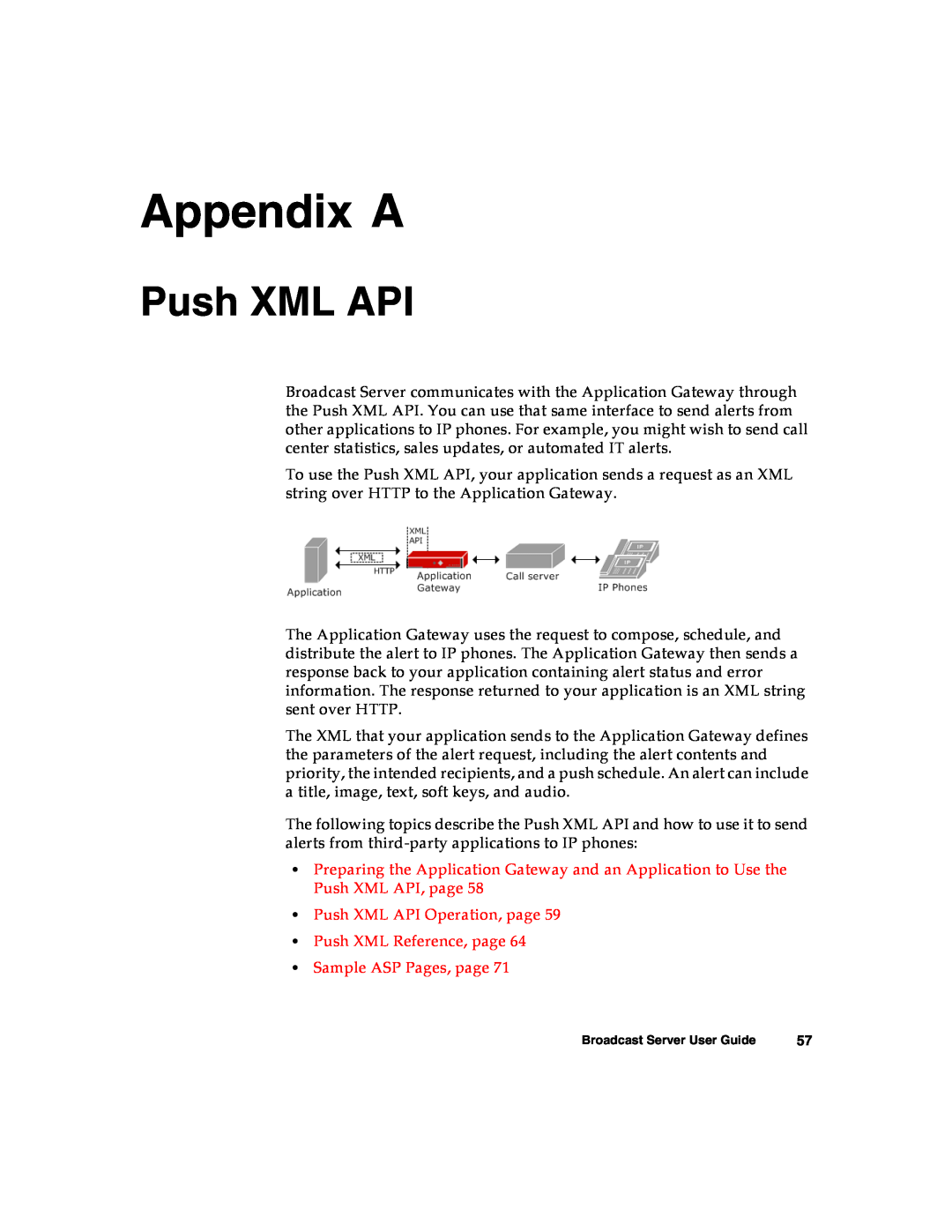 Nortel Networks Broadcast Server warranty Appendix A, Push XML API Operation, page Push XML Reference, page 