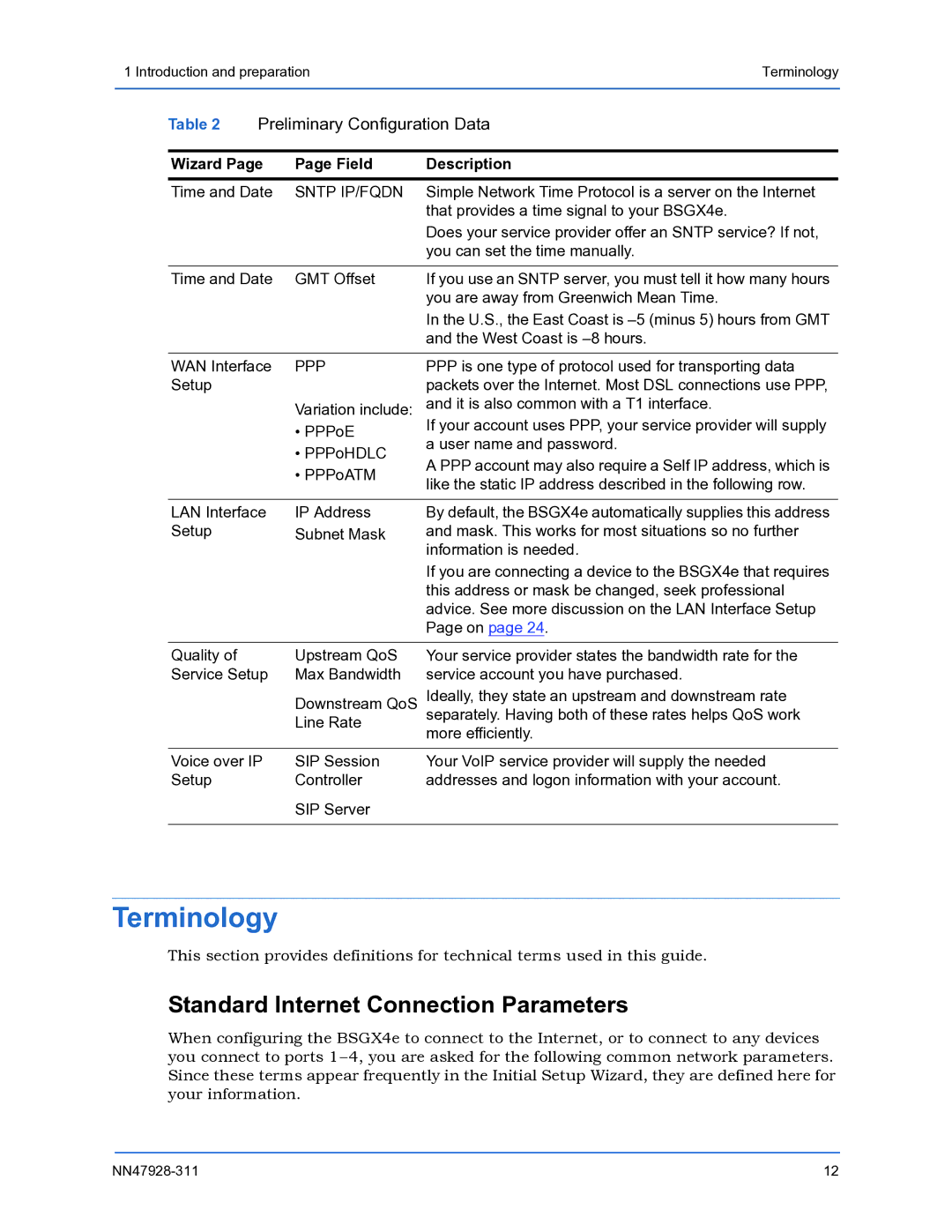 Nortel Networks BSGX4e setup guide Terminology, Standard Internet Connection Parameters, Wizard Field Description 