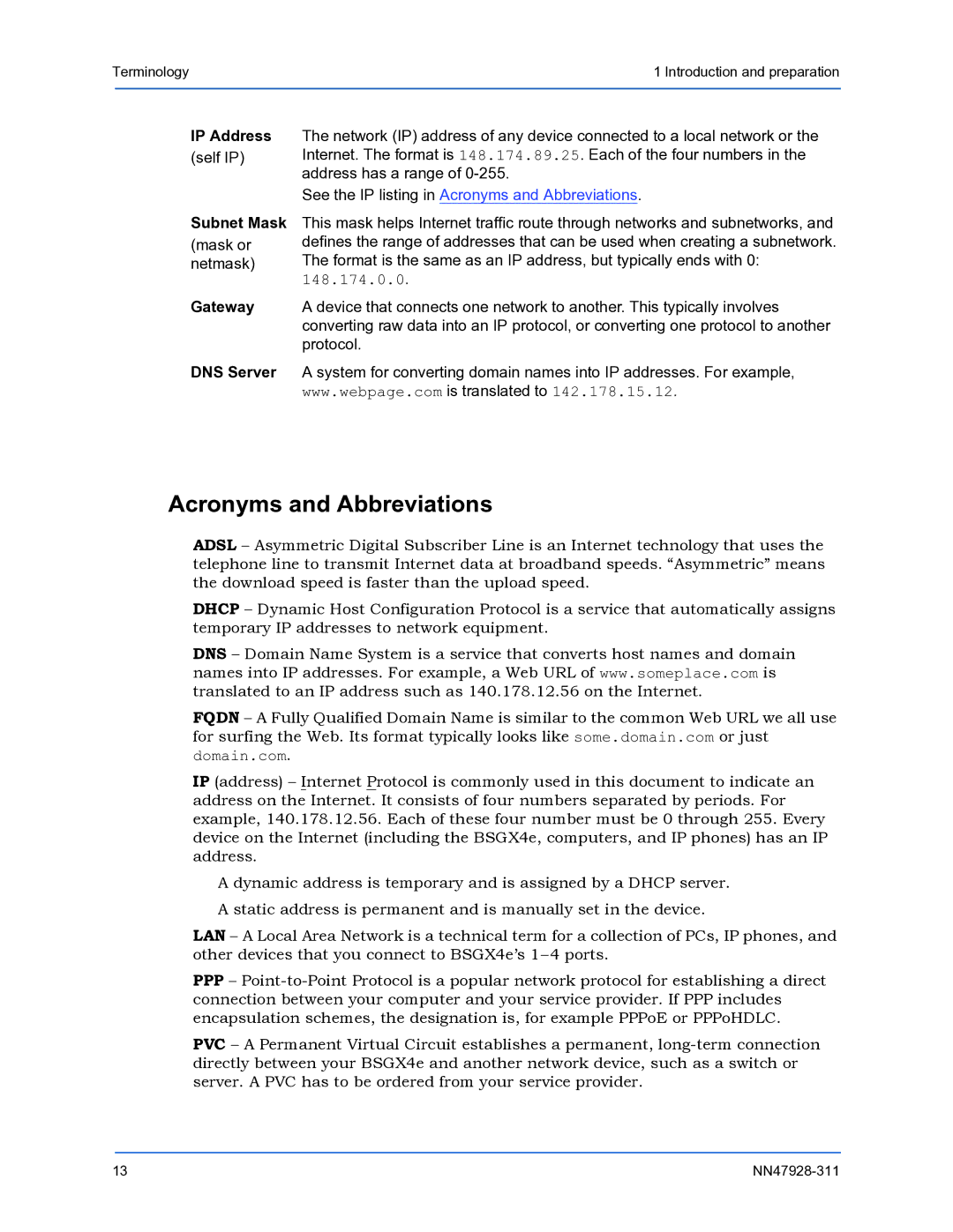 Nortel Networks BSGX4e setup guide Acronyms and Abbreviations, IP Address, Subnet Mask, Gateway DNS Server 