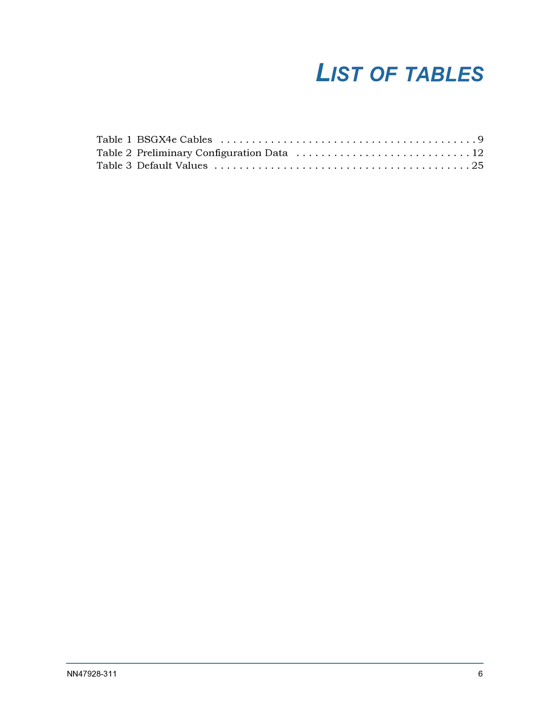 Nortel Networks BSGX4e setup guide List of Tables 