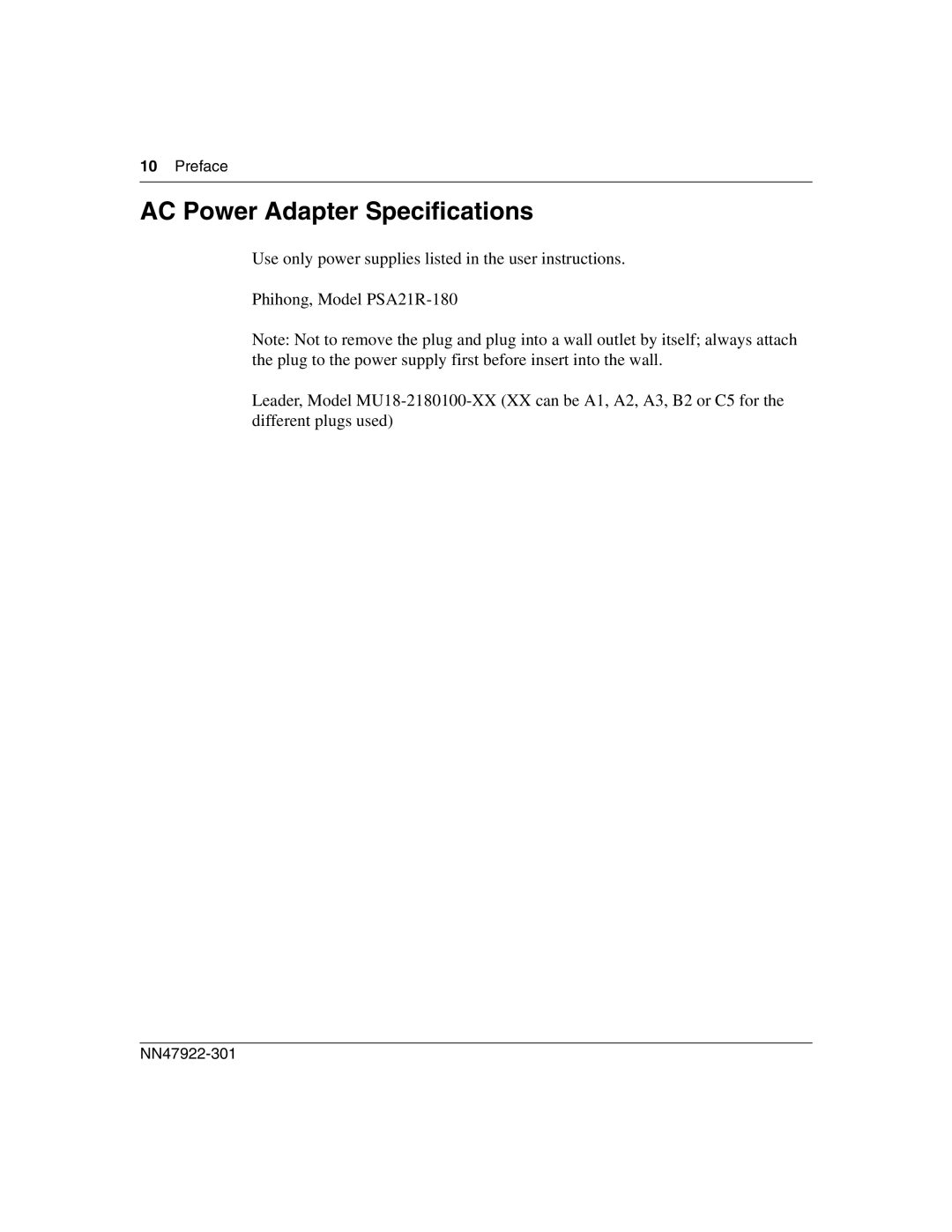 Nortel Networks BSR222 manual AC Power Adapter Specifications 