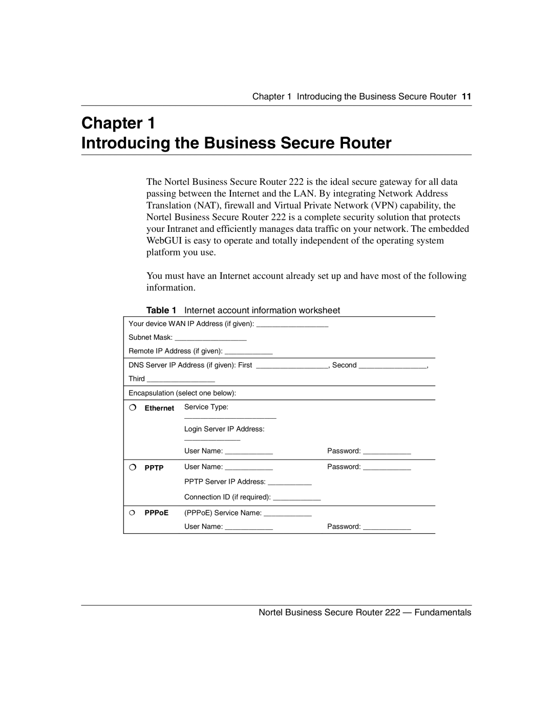 Nortel Networks BSR222 manual Chapter Introducing the Business Secure Router, Internet account information worksheet 