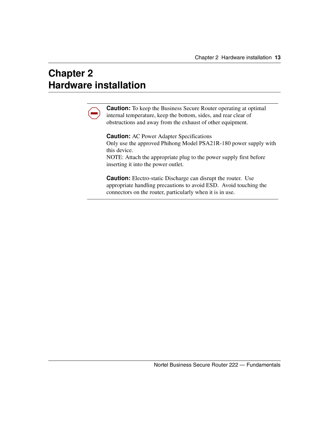 Nortel Networks BSR222 manual Chapter Hardware installation 