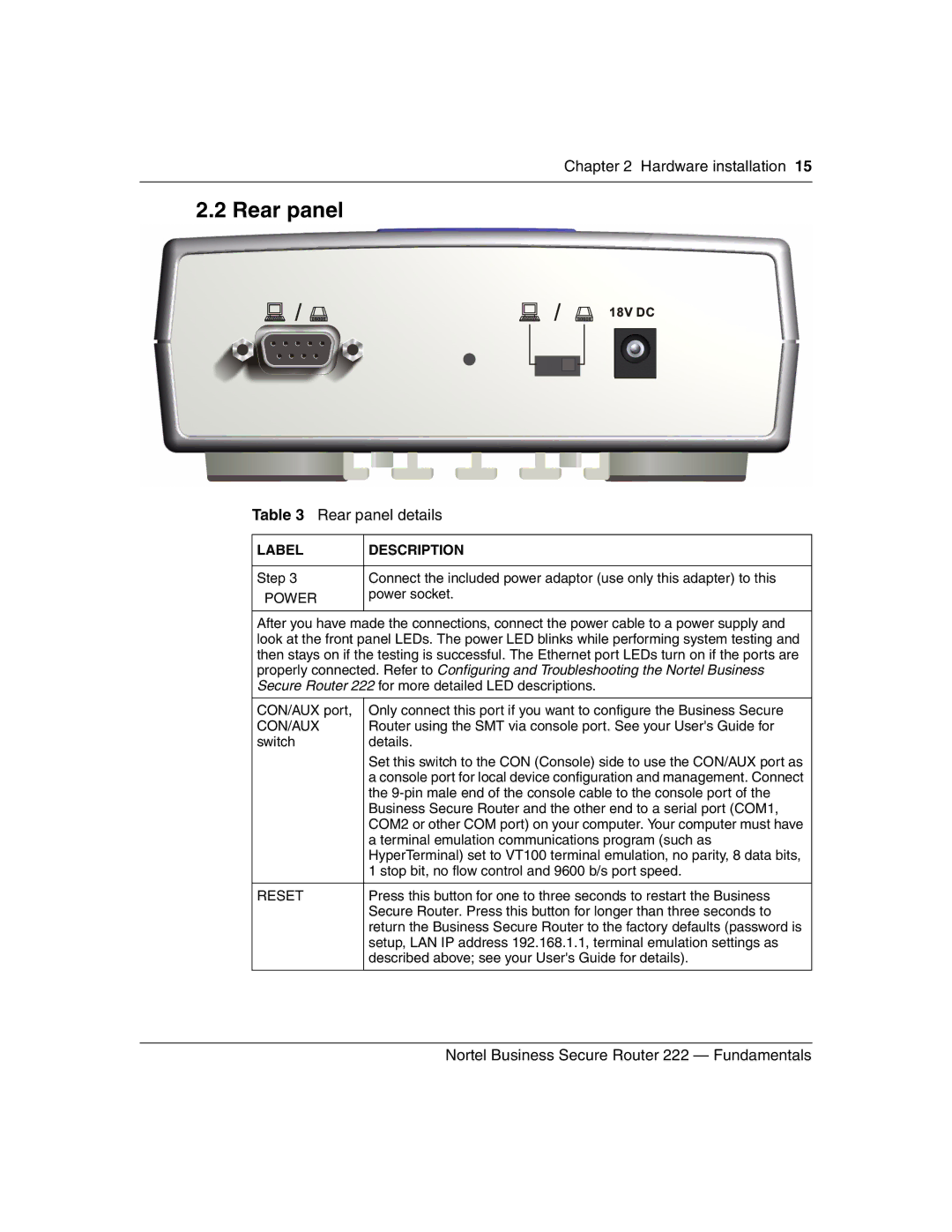 Nortel Networks BSR222 manual Rear panel, Power 