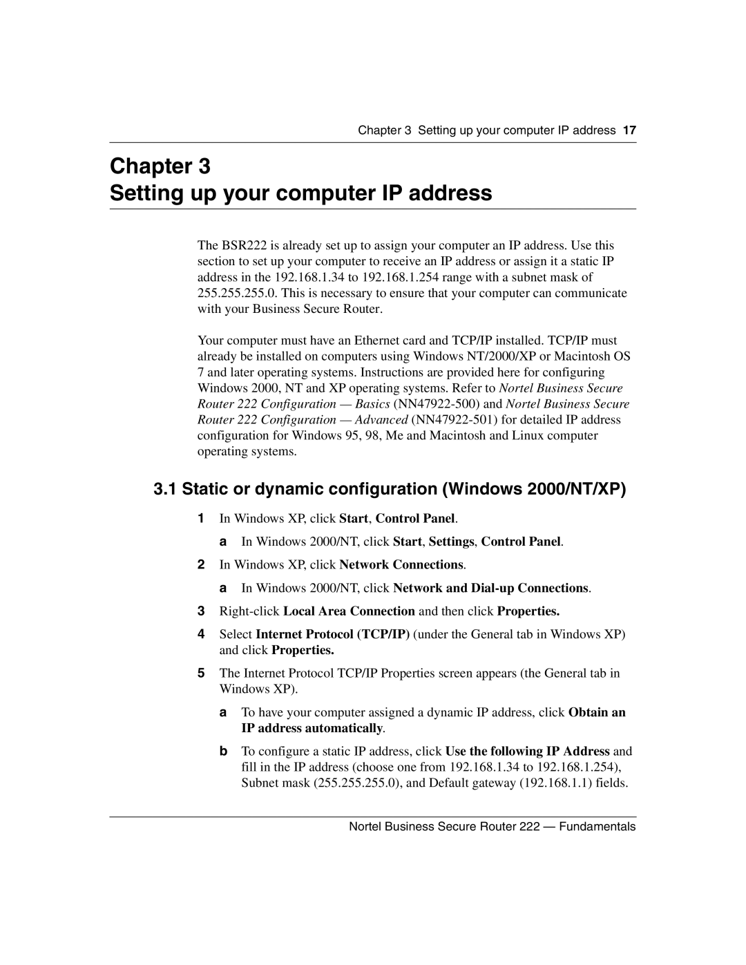 Nortel Networks BSR222 Chapter Setting up your computer IP address, Static or dynamic configuration Windows 2000/NT/XP 