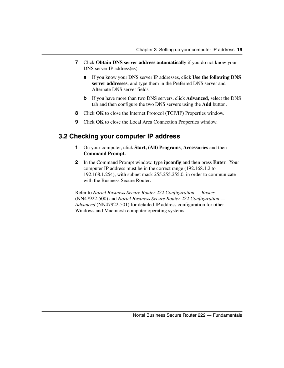 Nortel Networks BSR222 manual Checking your computer IP address, Command Prompt 