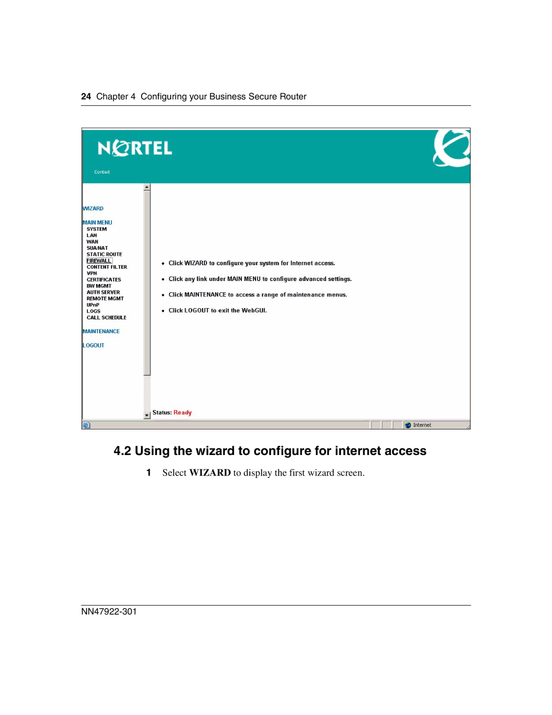 Nortel Networks BSR222 manual Using the wizard to configure for internet access 