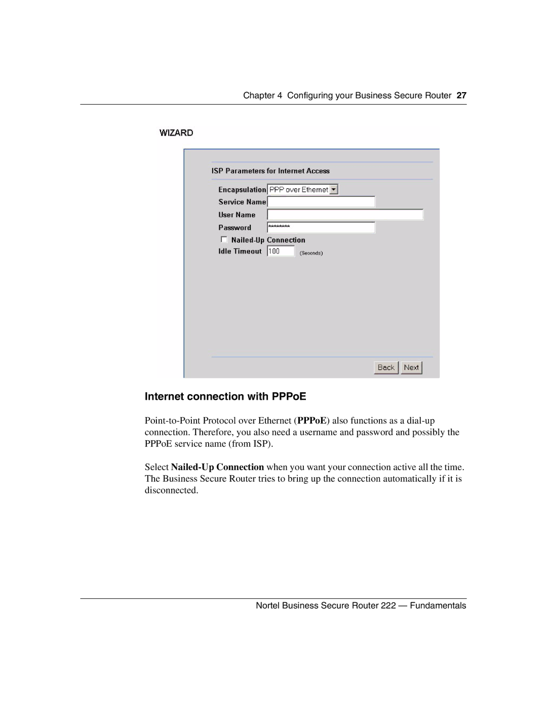 Nortel Networks BSR222 manual Internet connection with PPPoE 