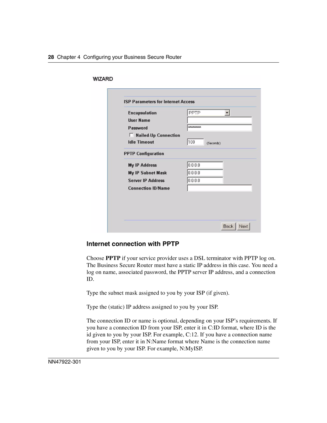 Nortel Networks BSR222 manual Internet connection with Pptp 