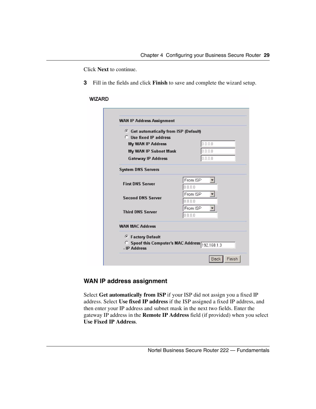 Nortel Networks BSR222 manual WAN IP address assignment 