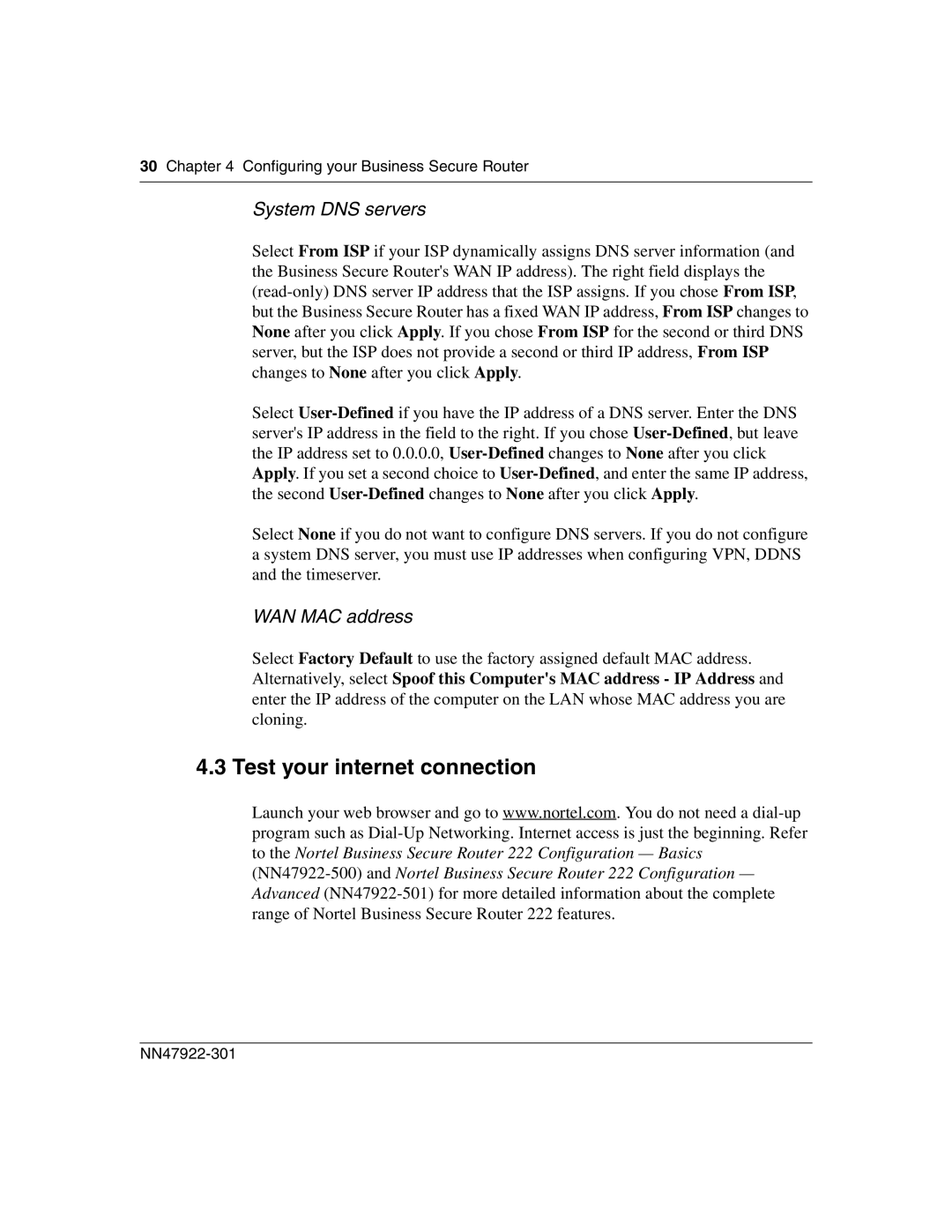 Nortel Networks BSR222 manual Test your internet connection, System DNS servers 