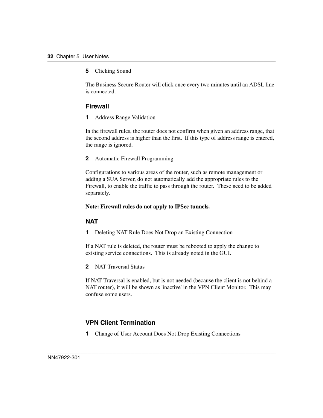 Nortel Networks BSR222 manual Firewall, VPN Client Termination 