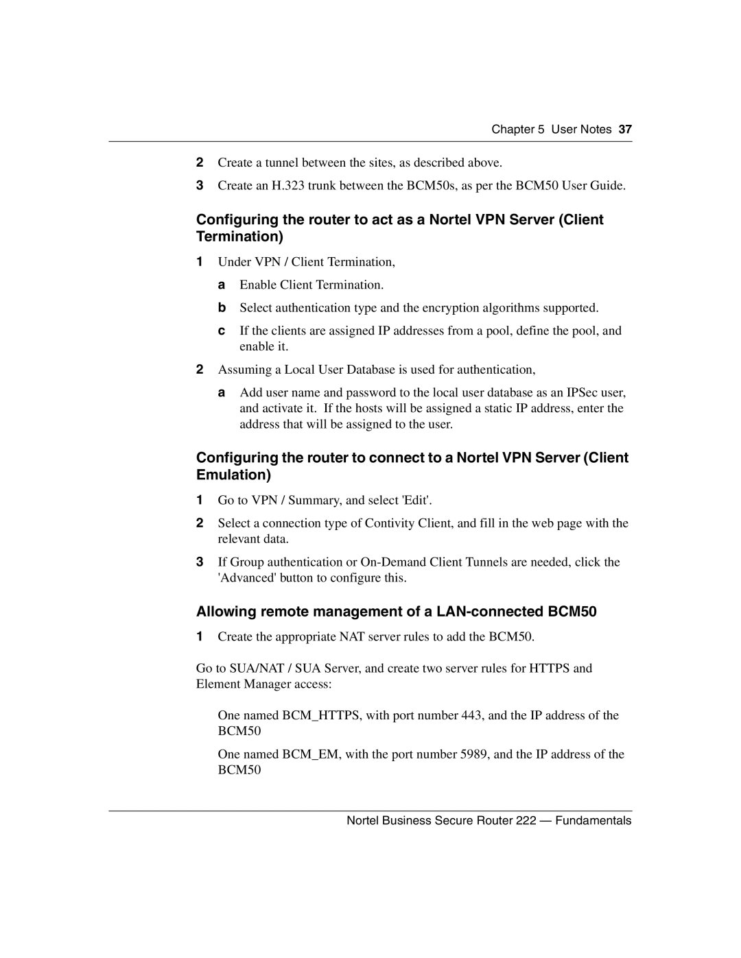 Nortel Networks BSR222 manual Allowing remote management of a LAN-connected BCM50 