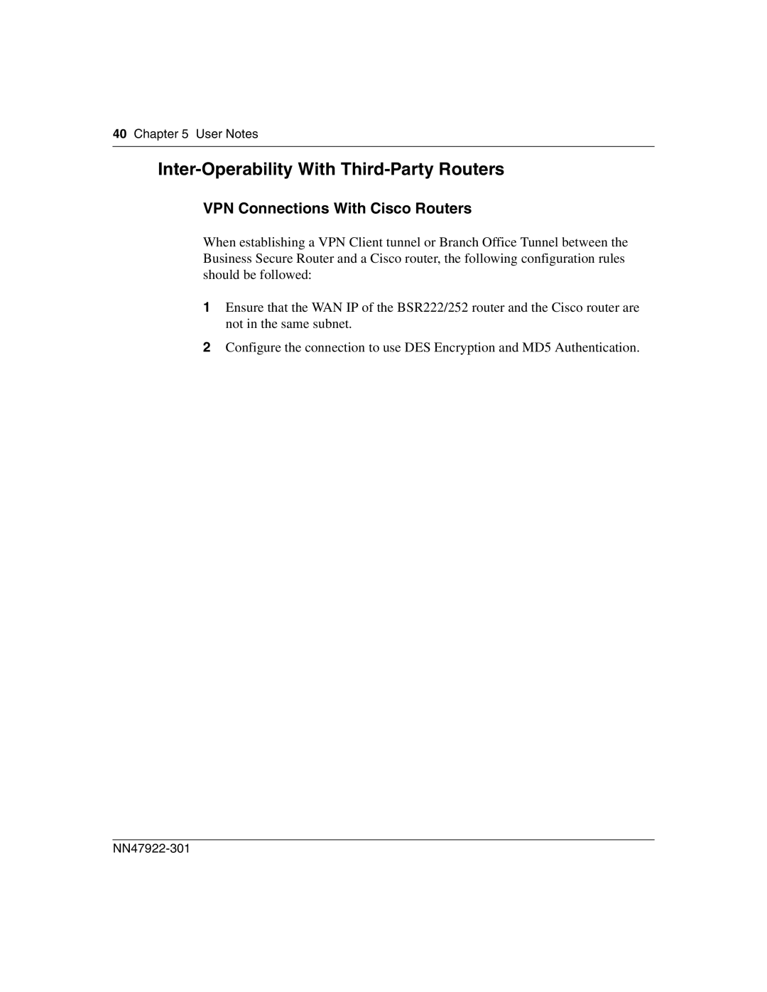 Nortel Networks BSR222 manual Inter-Operability With Third-Party Routers, VPN Connections With Cisco Routers 