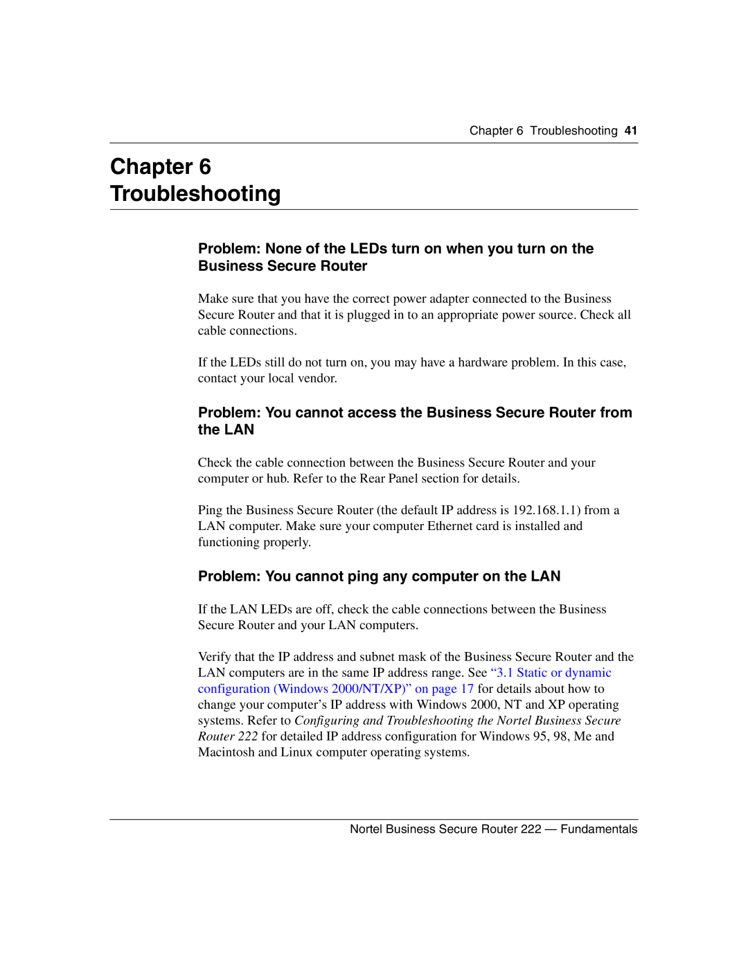 Nortel Networks BSR222 manual Chapter Troubleshooting, Problem You cannot ping any computer on the LAN 